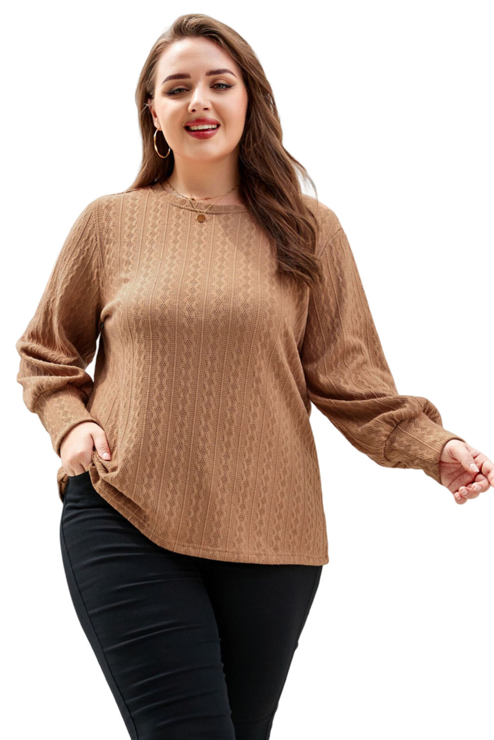 Khaki Casual Subtle Cable Knit Plus Size Sweater