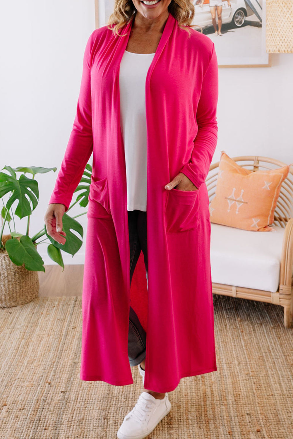 Strawberry Pink Plus Size Side Split Pockets Duster Cardigan