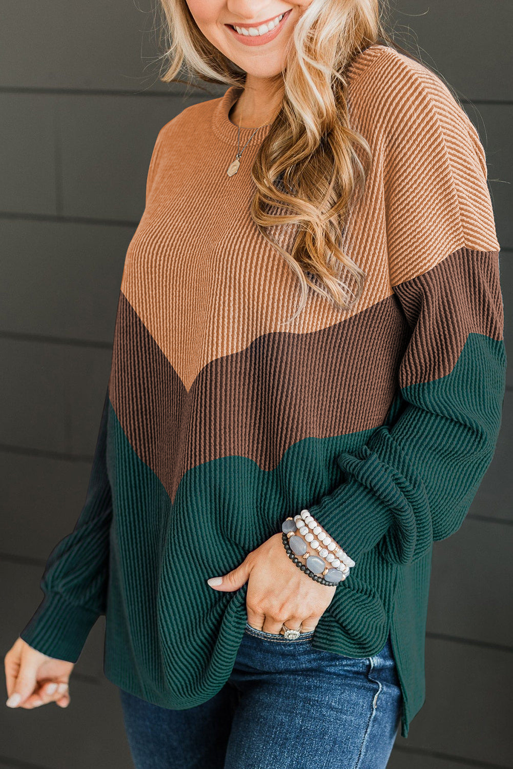 Black Color Block Corded Tunic Long Sleeve Top