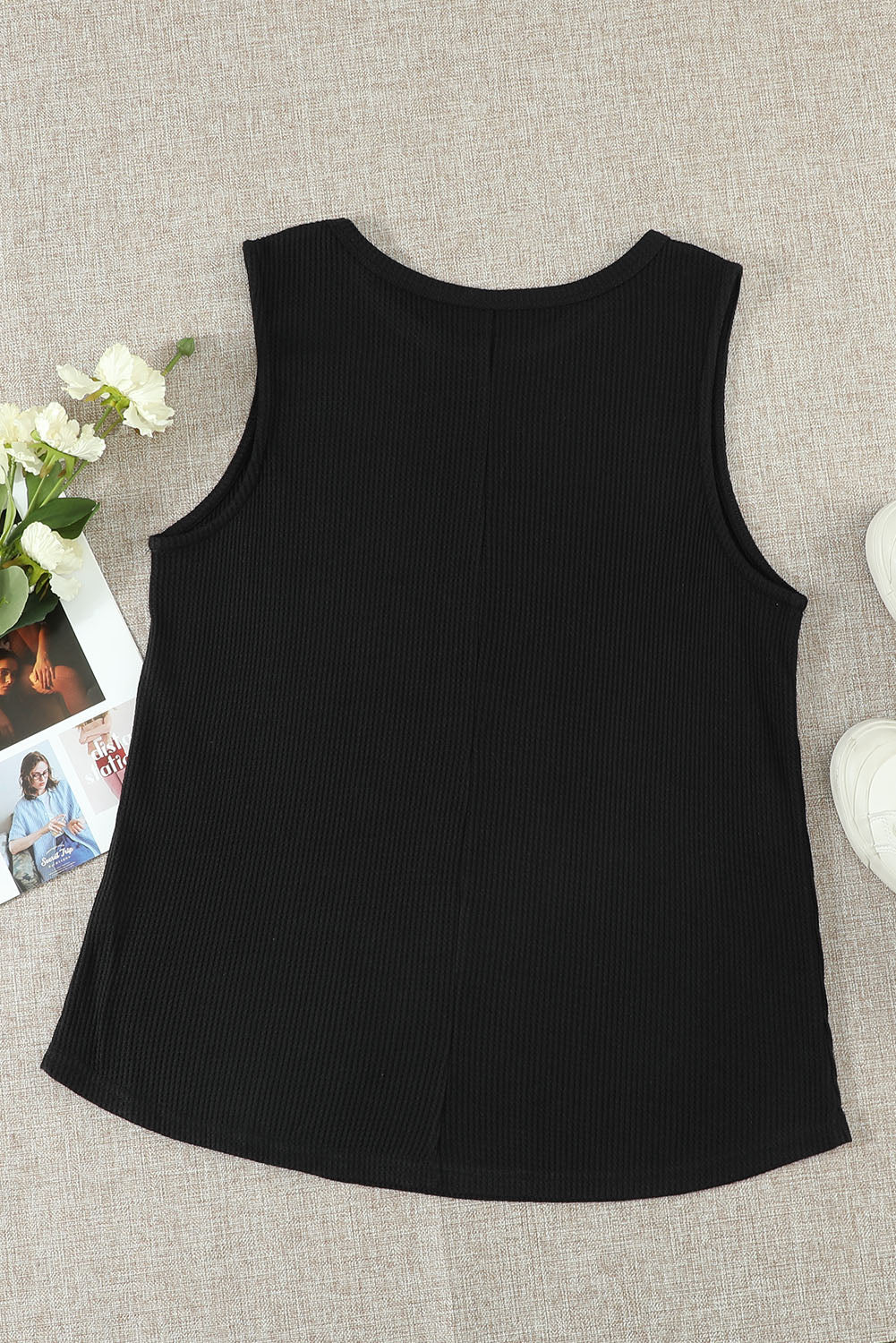 Black Crew Neck Basic Waffle Tank Top