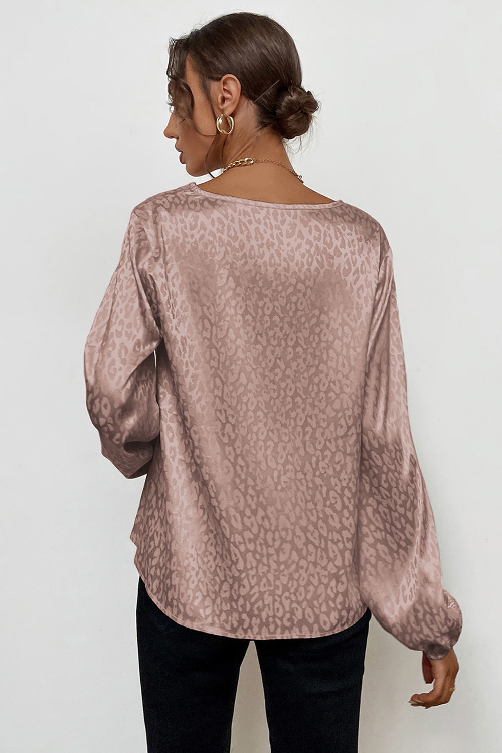 Pink Leopard Print Silk V Neck Long Sleeve Blouse