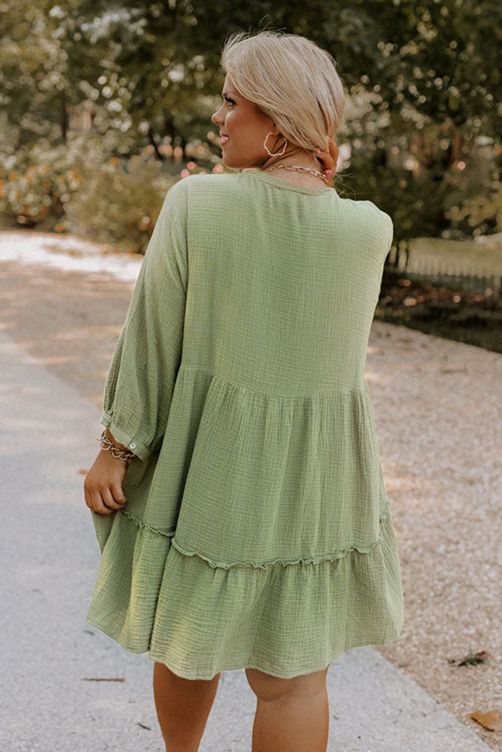 Green Textured Ruffled Buttoned V Neck Plus Size Short Dress