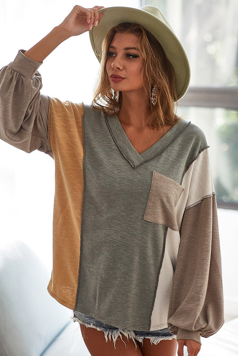 Multicolor V Neck Patchwork Loose Fit Top