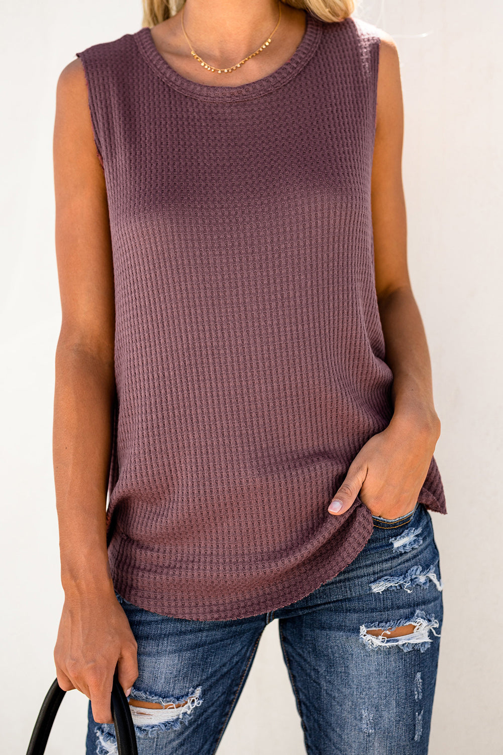 Black Crew Neck Basic Waffle Tank Top