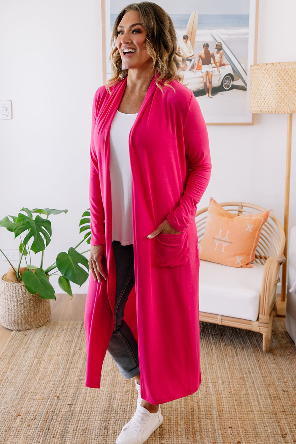 Strawberry Pink Plus Size Side Split Pockets Duster Cardigan