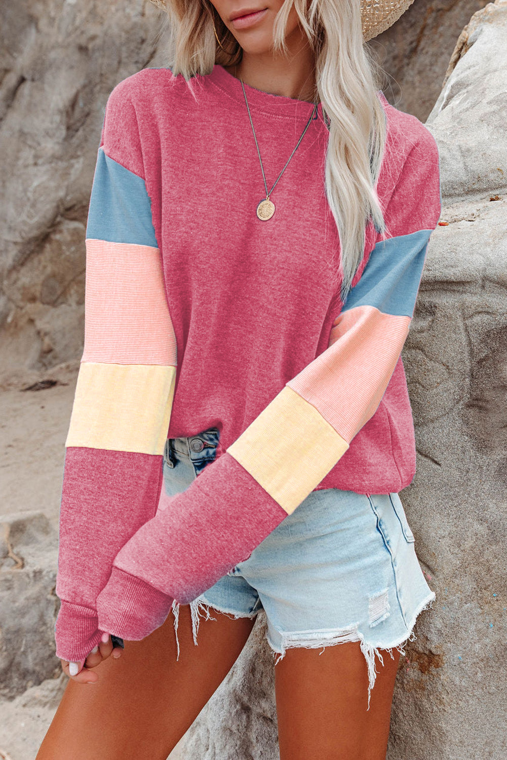 Grey Casual Color Block Drop Sleeve Sweatshirt