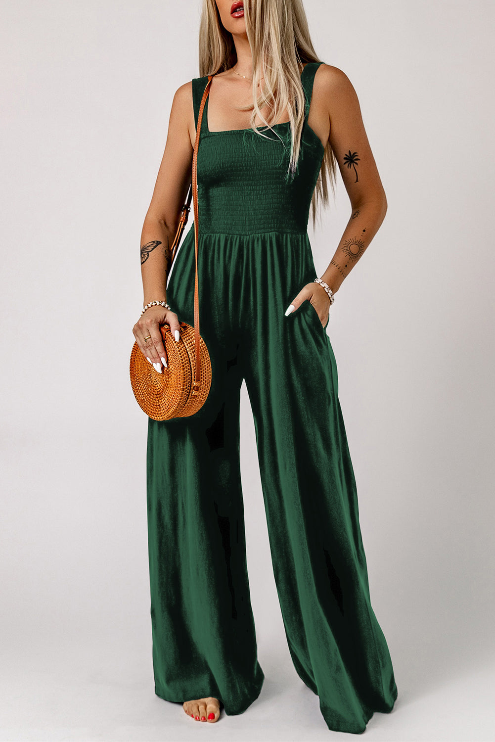 Green Casual Smocked Pocketed Wide Leg Jumpsuit