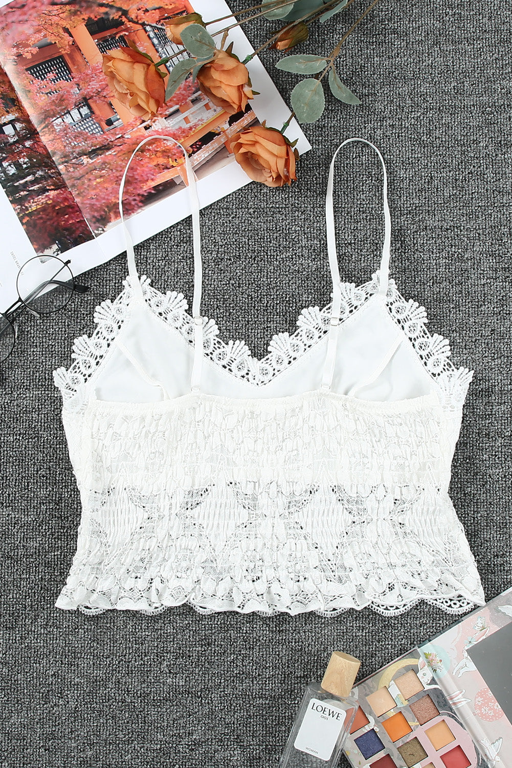 Black Basic Lace Crochet Smocked Cropped Camisole