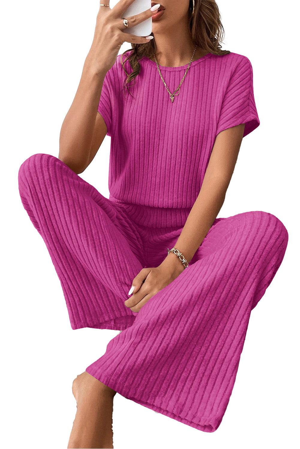 Parchment Solid Color Ribbed Short Sleeve Wide Leg Jumpsuit