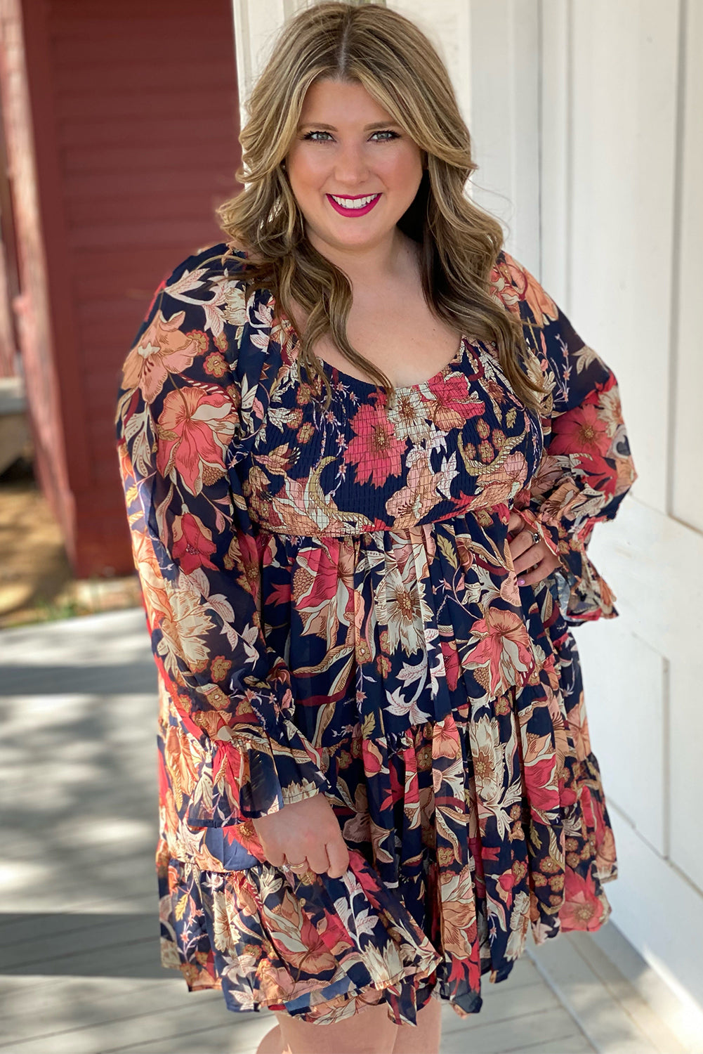 Black Plus Size Floral Smocked Ruffle Sleeve Dress