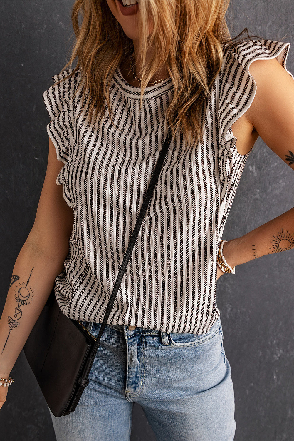 Grey Casual Striped Print Ruffle Summer Top