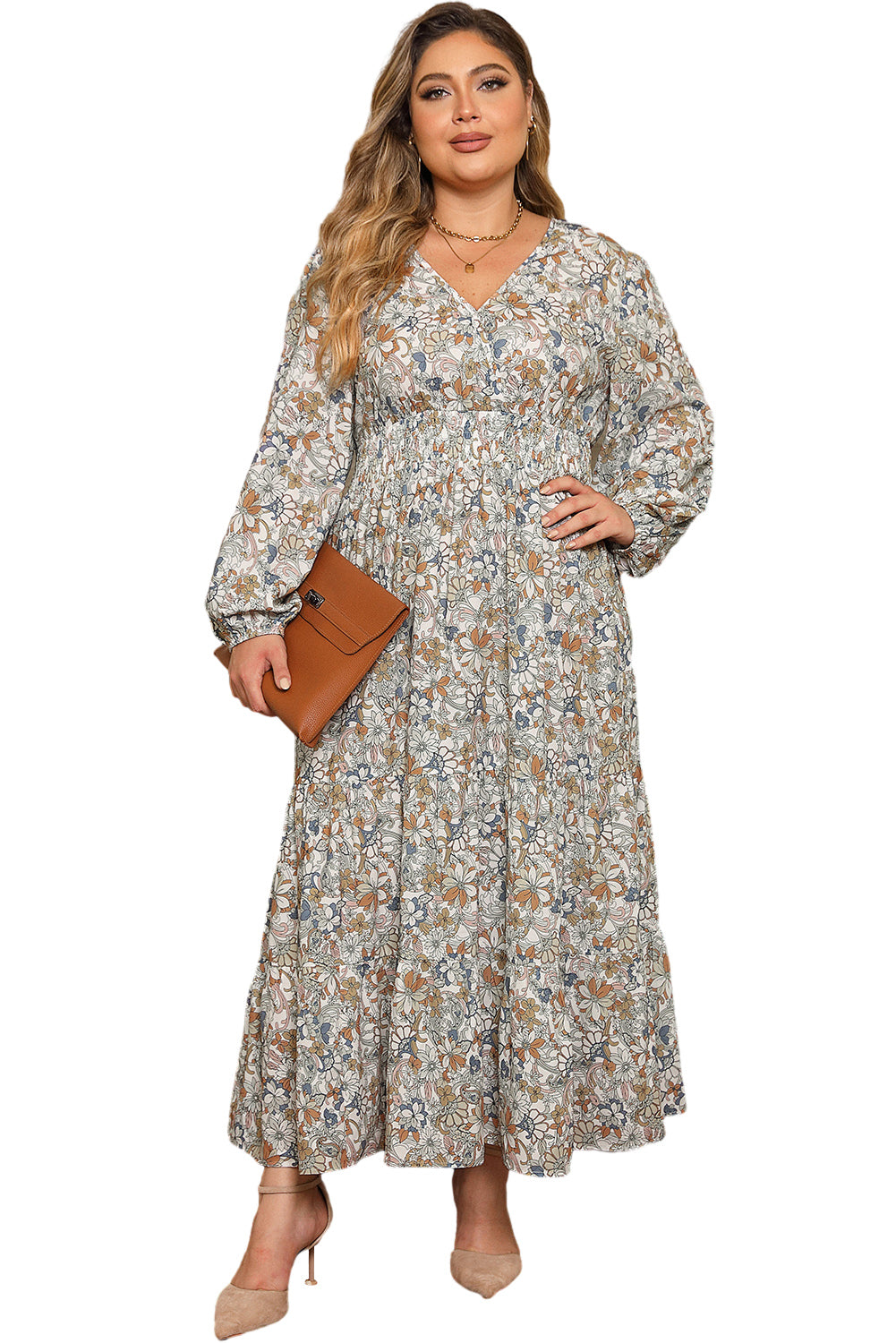 Multicolor Plus Size Floral Puff Sleeve Surplice Ruffled Dress