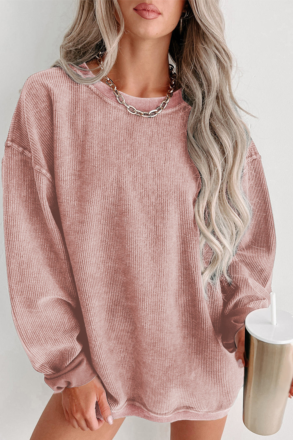 Khaki Solid Ribbed Round Neck Pullover Sweatshirt