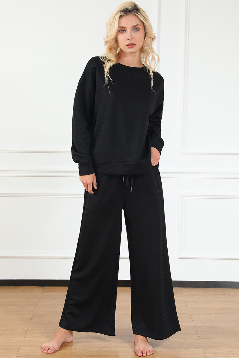 Black Textured Loose Slouchy Long Sleeve Top and Pants Set