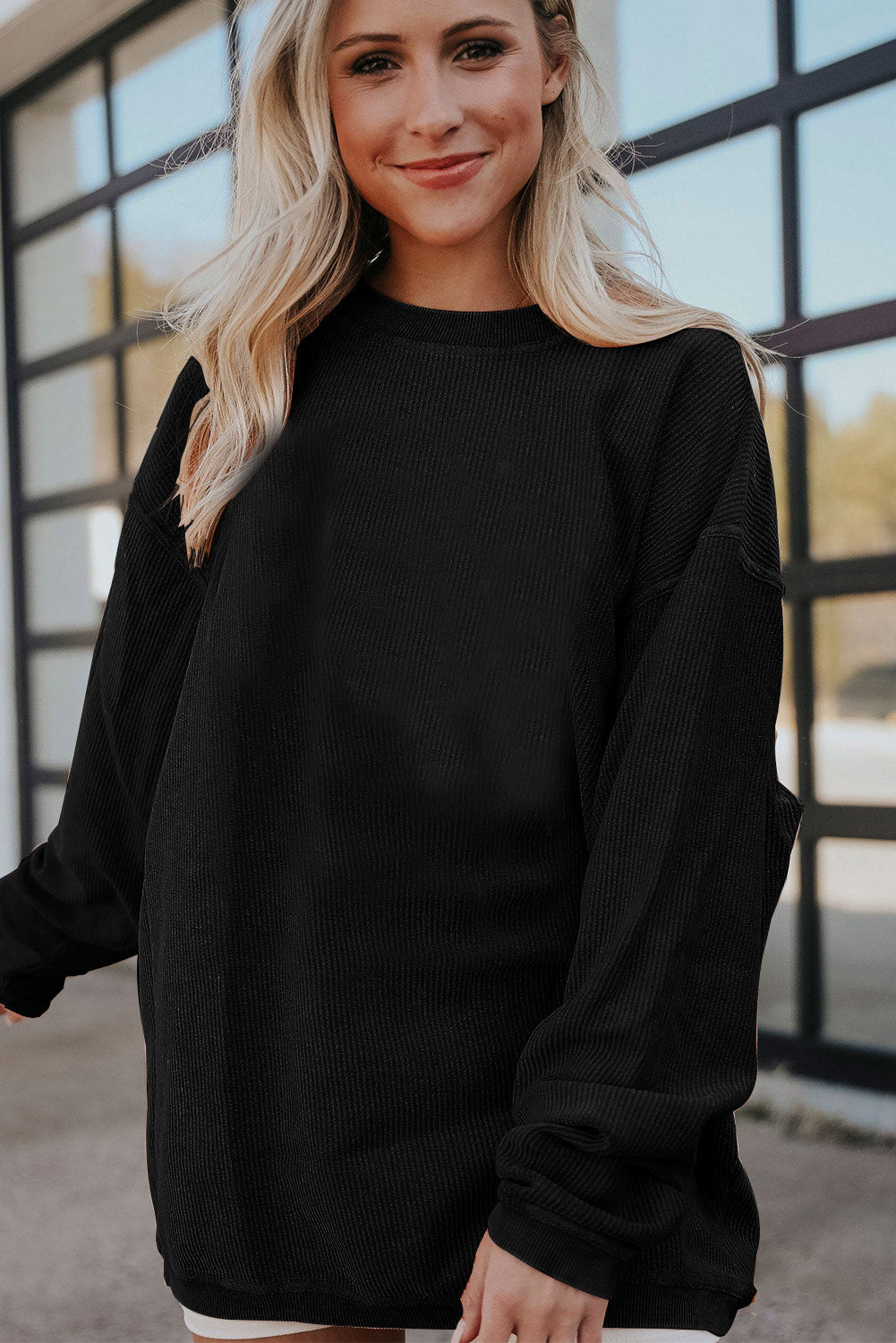 Light Grey Drop Shoulder Ribbed Oversized Sweatshirt