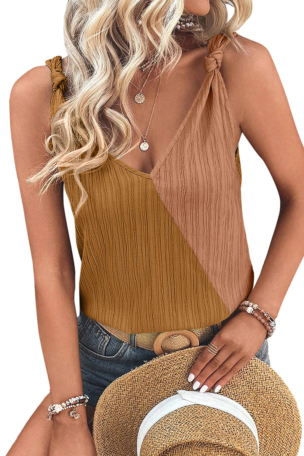 Camel Colorblock Knotted V-Neck Textured Top