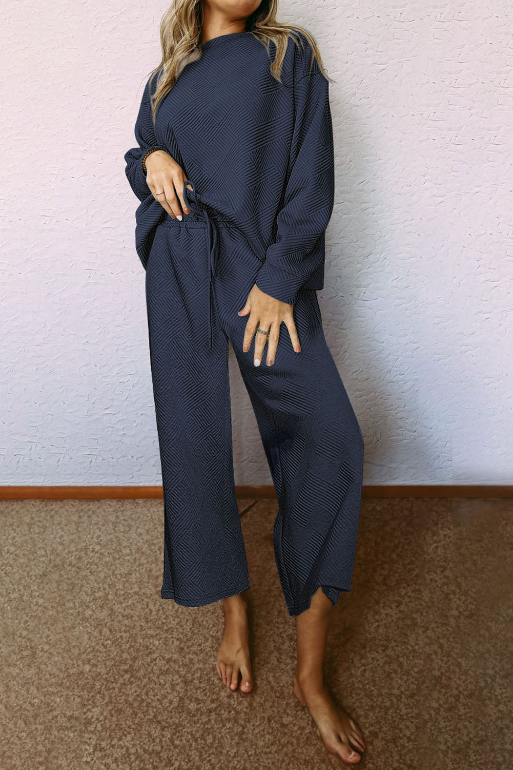 Black Textured Loose Slouchy Long Sleeve Top and Pants Set