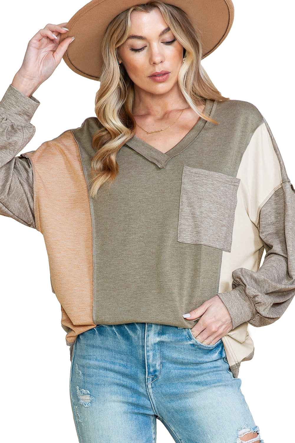 Multicolor V Neck Patchwork Loose Fit Top