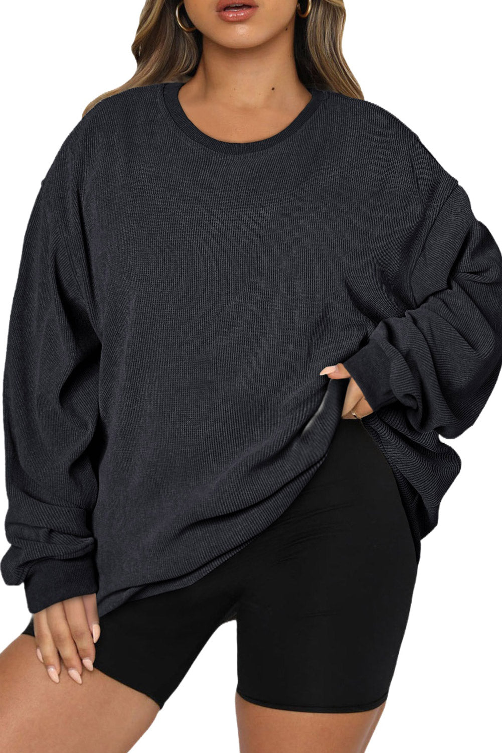 Black Plus Size Corded Round Neck Sweatshirt