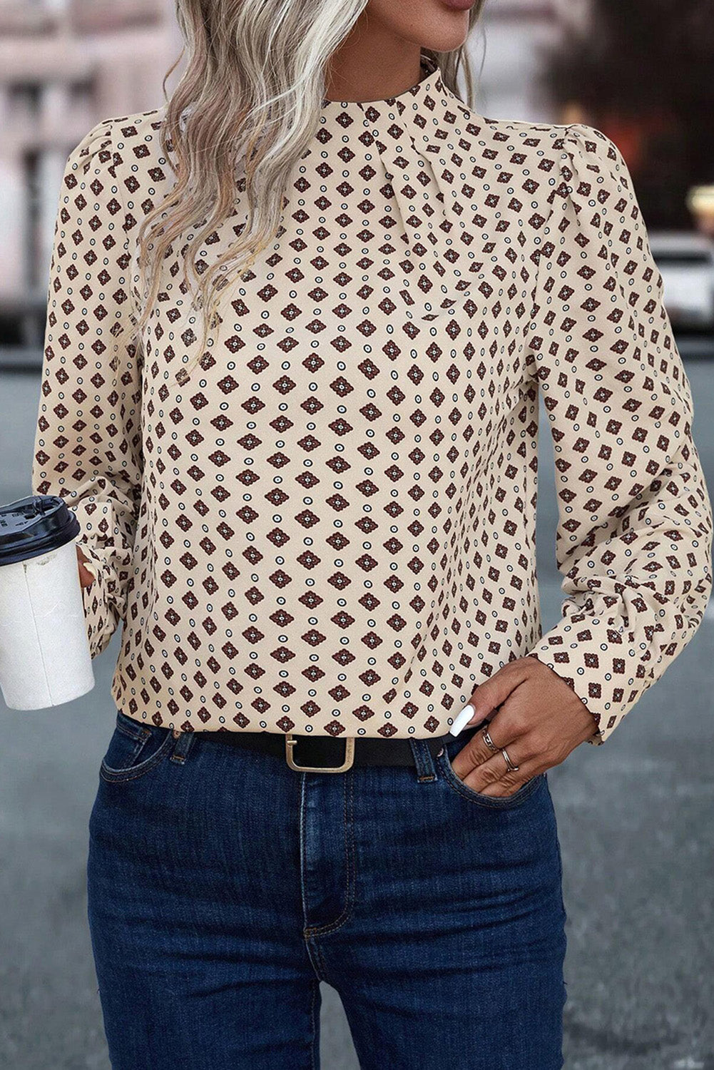 Apricot Geometric Puff Sleeve Keyhole Back Blouse