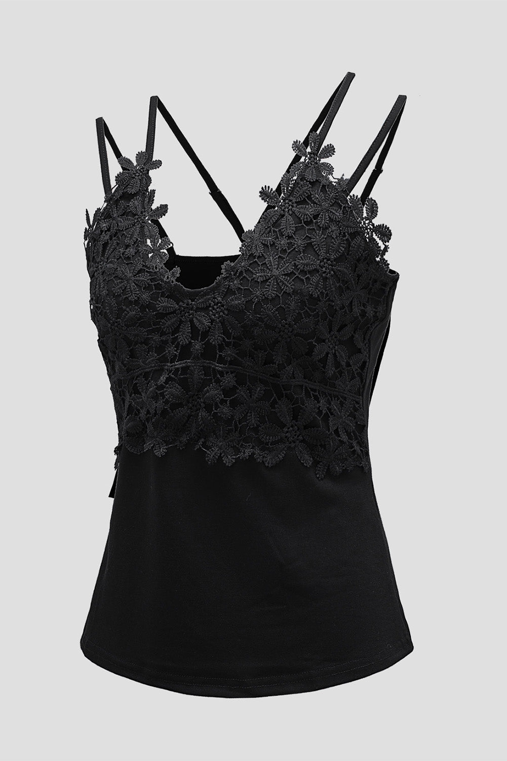 Black Casual Lace Overlay Strappy Hollow Out Camisole Top