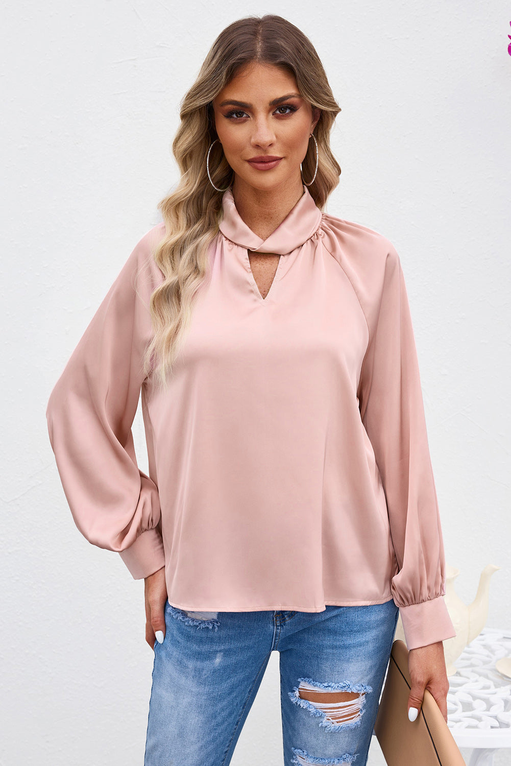 Pink Elegant Keyhole Long Sleeve Satin Blouse