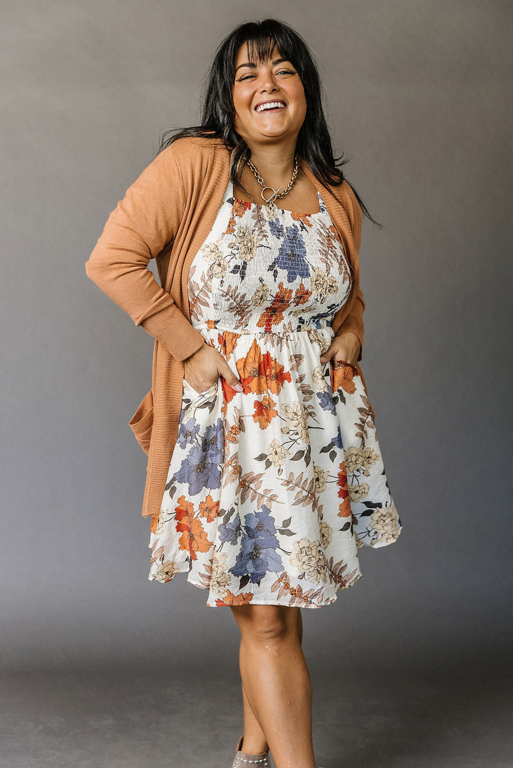 White Floral Smocked Flared Plus Size Dress