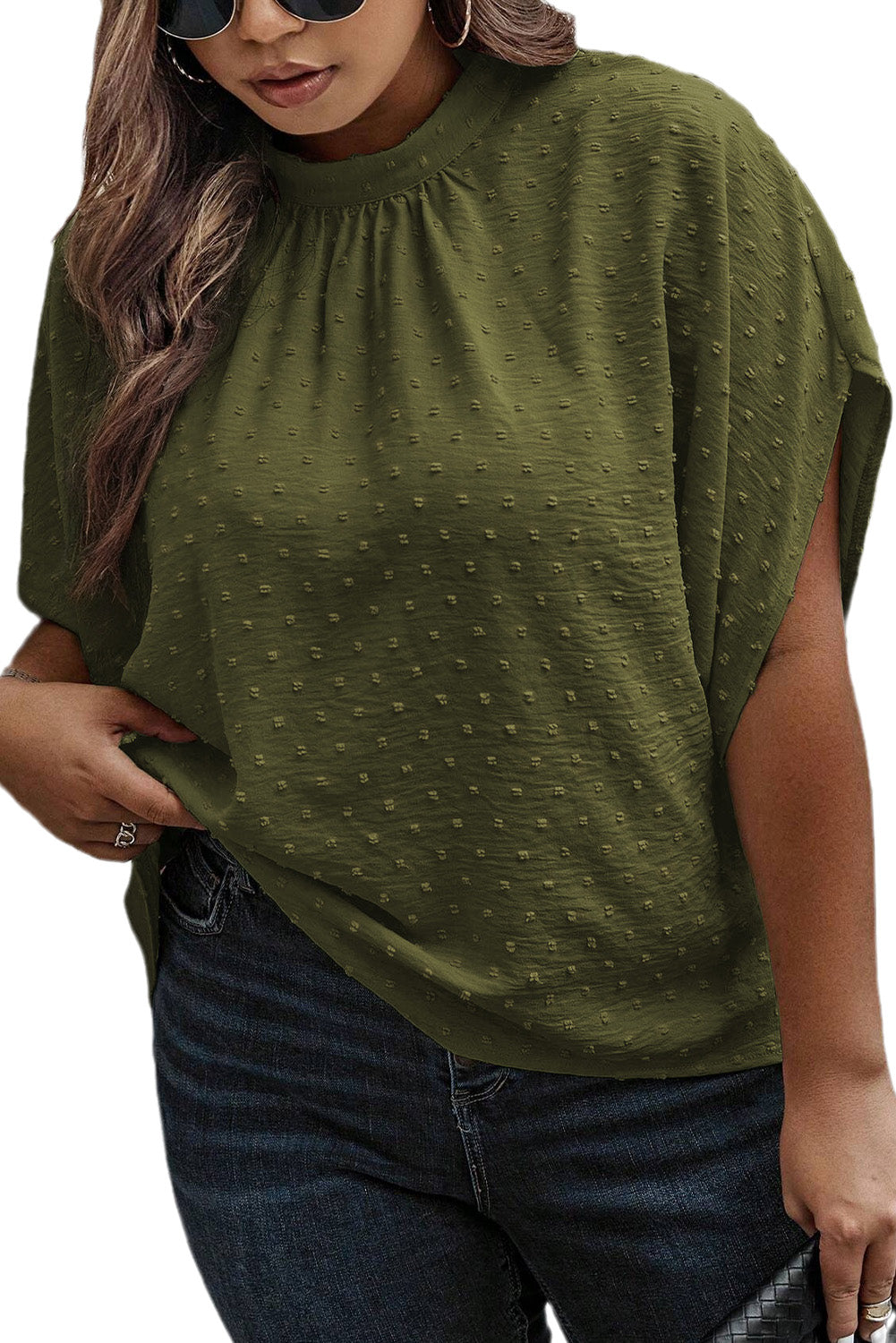 Moss Green Plus Size Swiss Dot Mock Neck Top