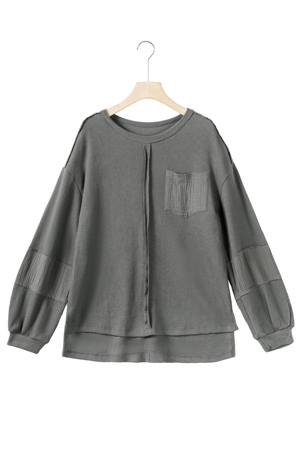 Gray Waffle and Crinkle Patchwork Long Sleeve Top