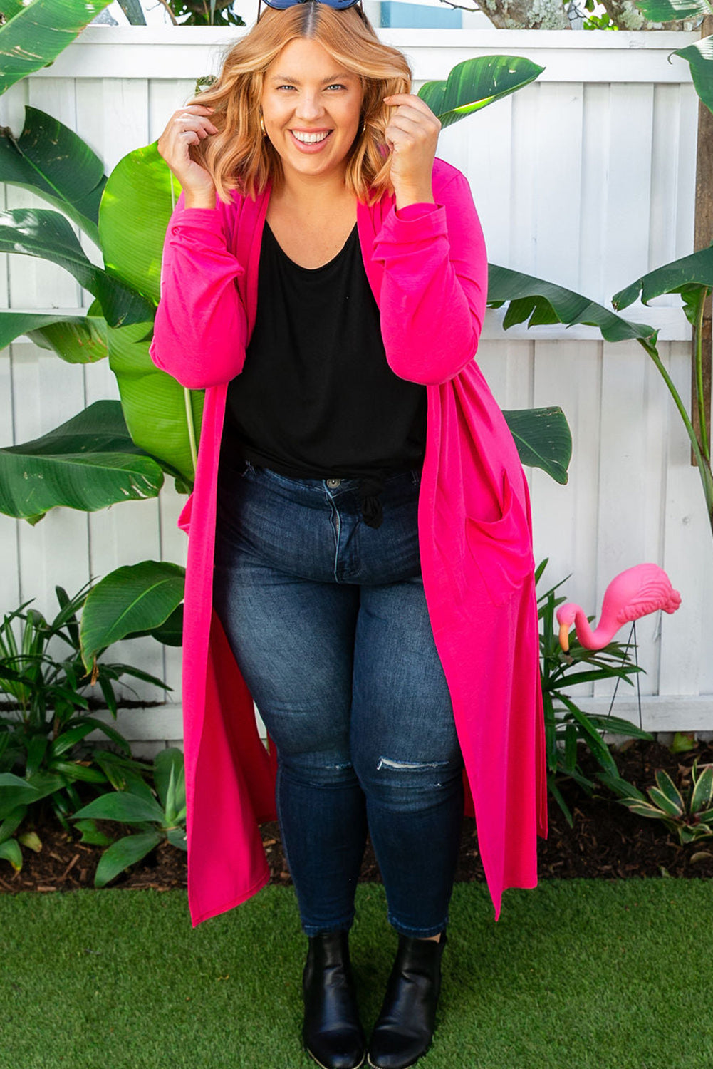 Strawberry Pink Plus Size Side Split Pockets Duster Cardigan