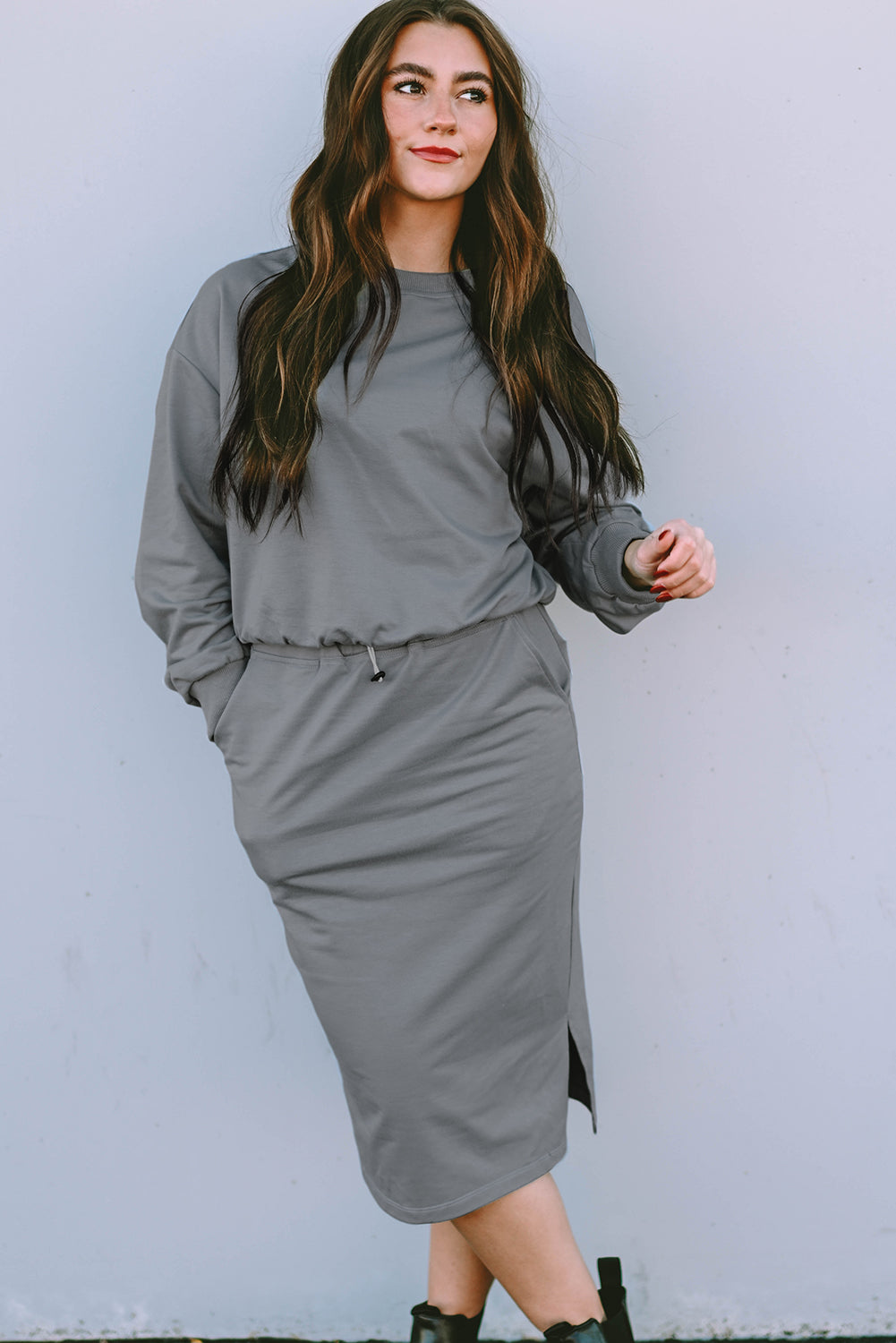 Dark Grey Drop Sleeve Pullover and Slit Midi Skirt Set