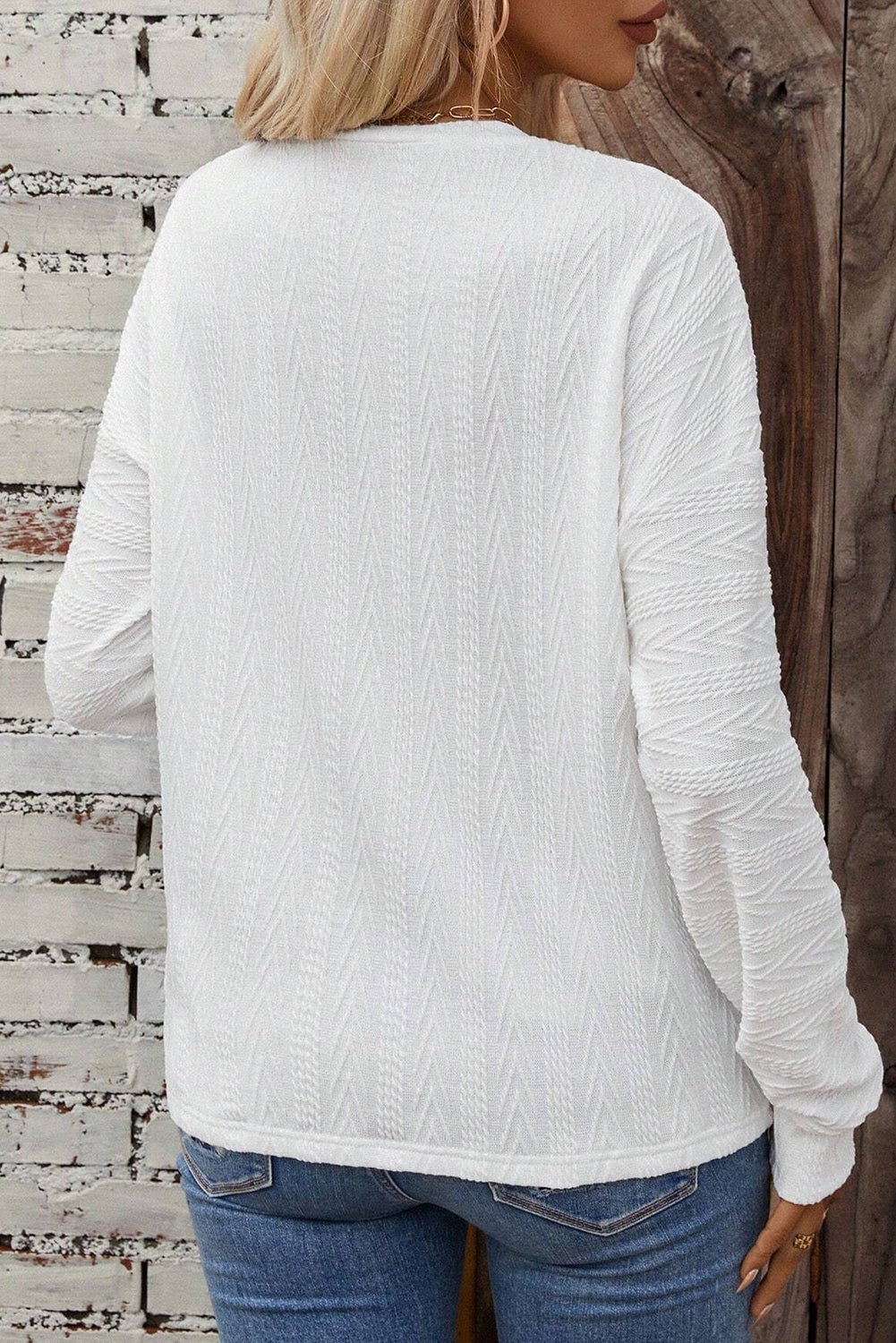 White Textured Knit Round Neck Drop Shoulder Top