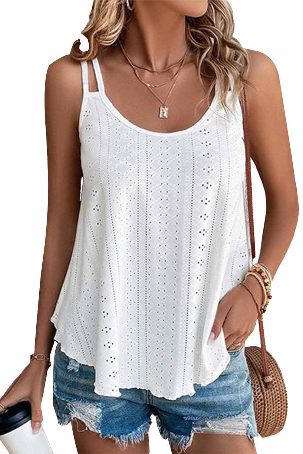 Pink Eyelet Strappy Scoop Neck Tank Top