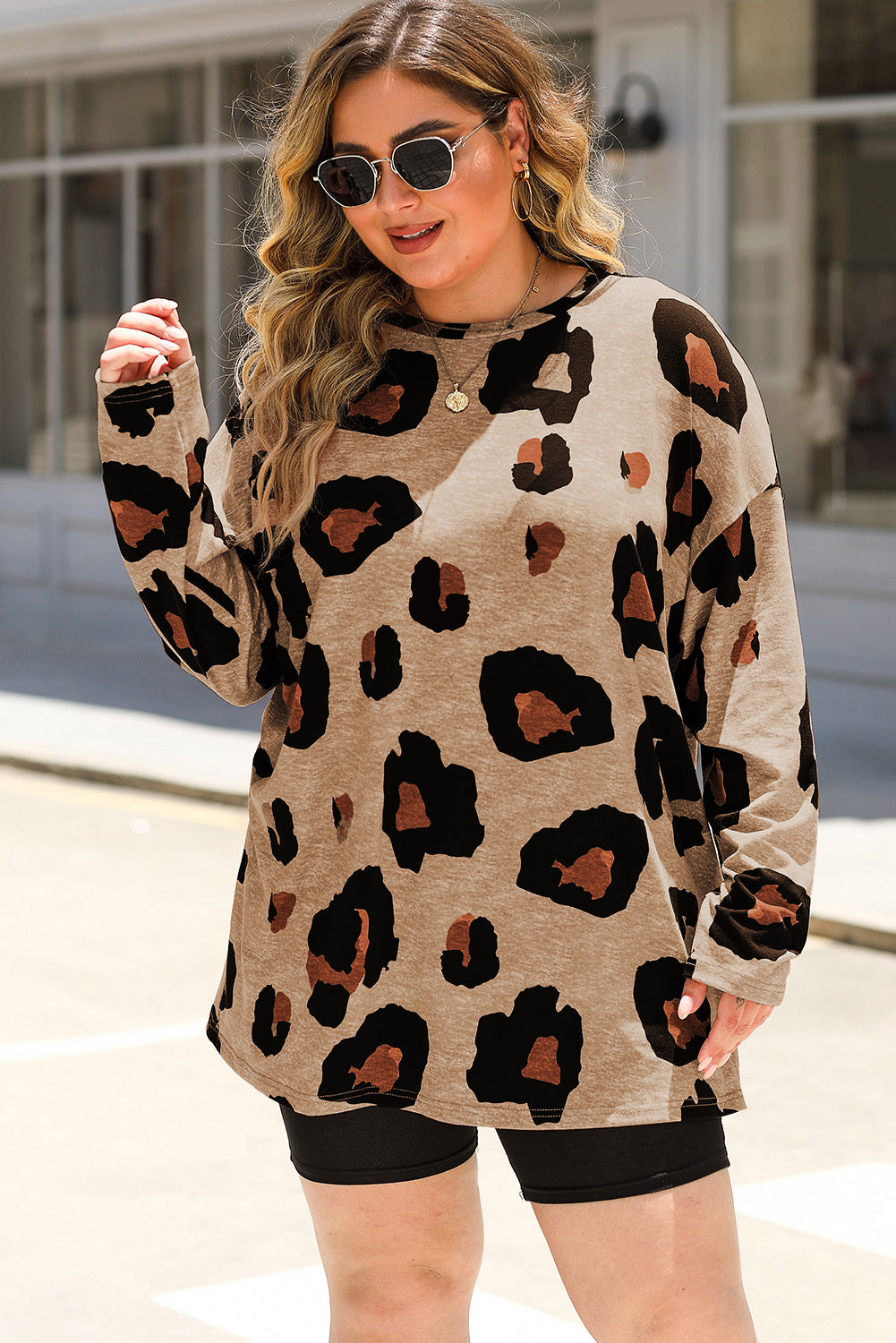 Multicolor Leopard Print Long Sleeve Plus Size Top