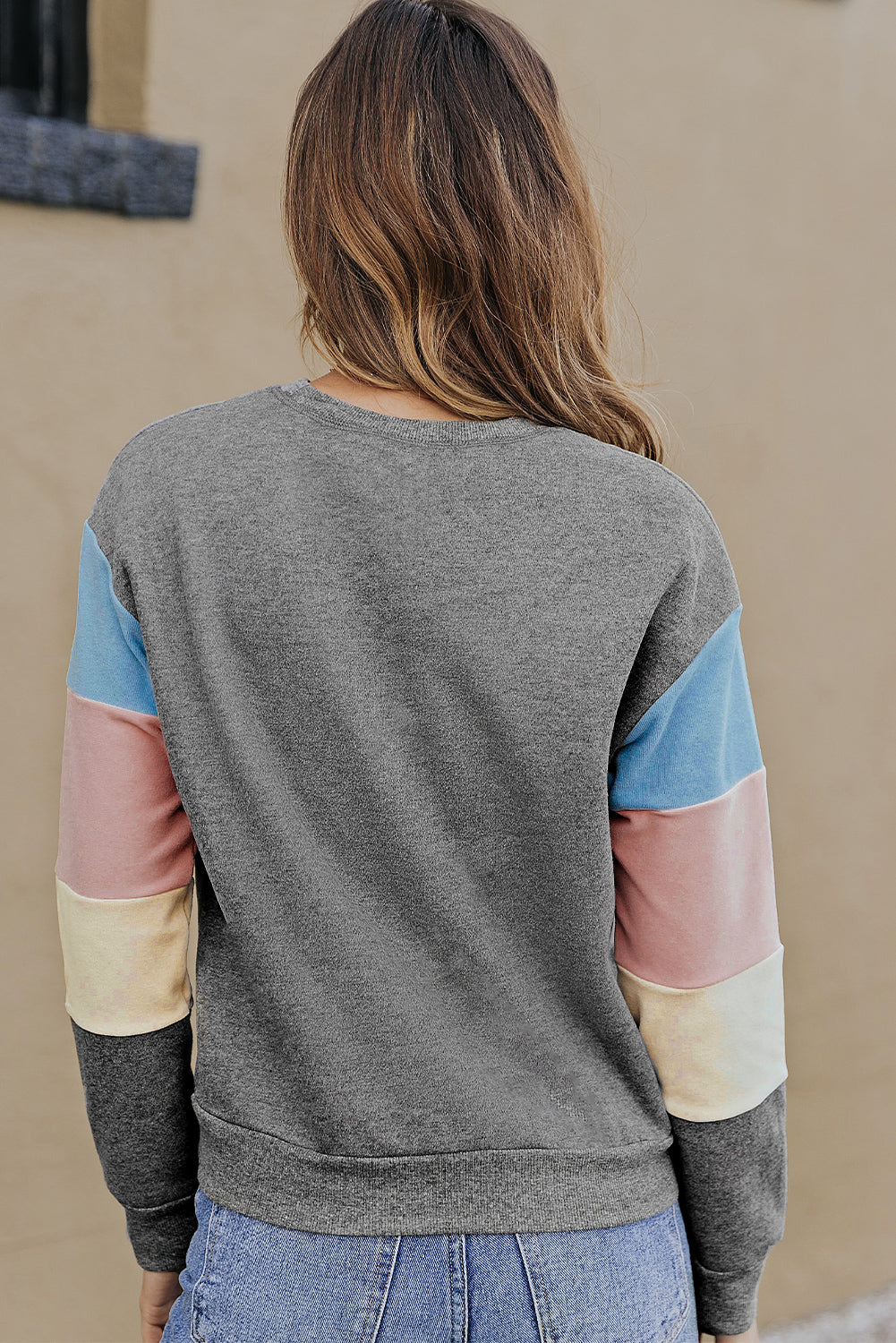 Grey Casual Color Block Drop Sleeve Sweatshirt