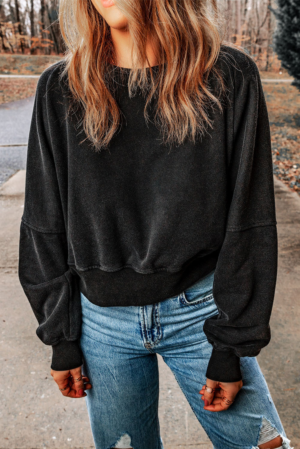 Black Casual One Strap V-shape Open Back Sweatshirt