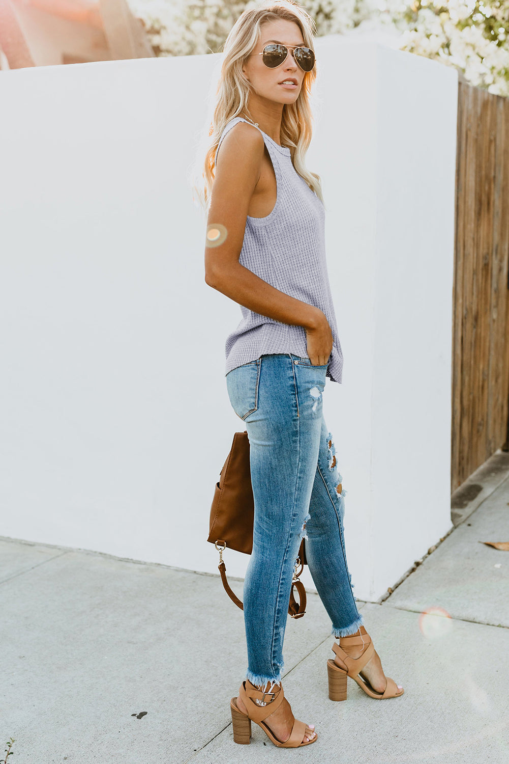 Black Crew Neck Basic Waffle Tank Top