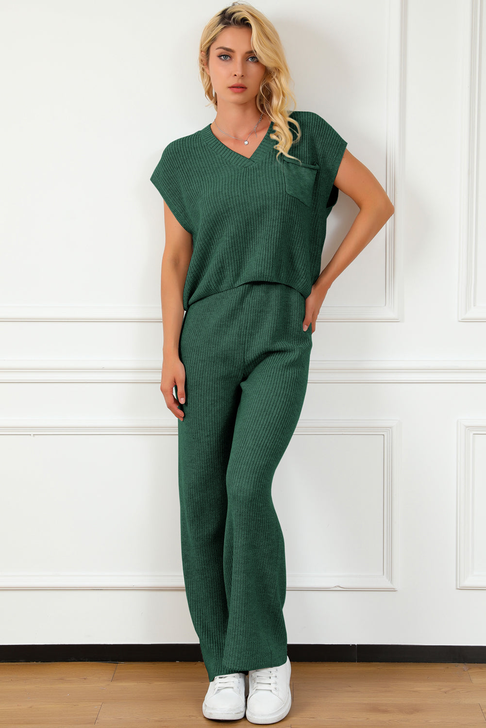 Green Knitted V Neck Sweater and Wide Leg Pants Set