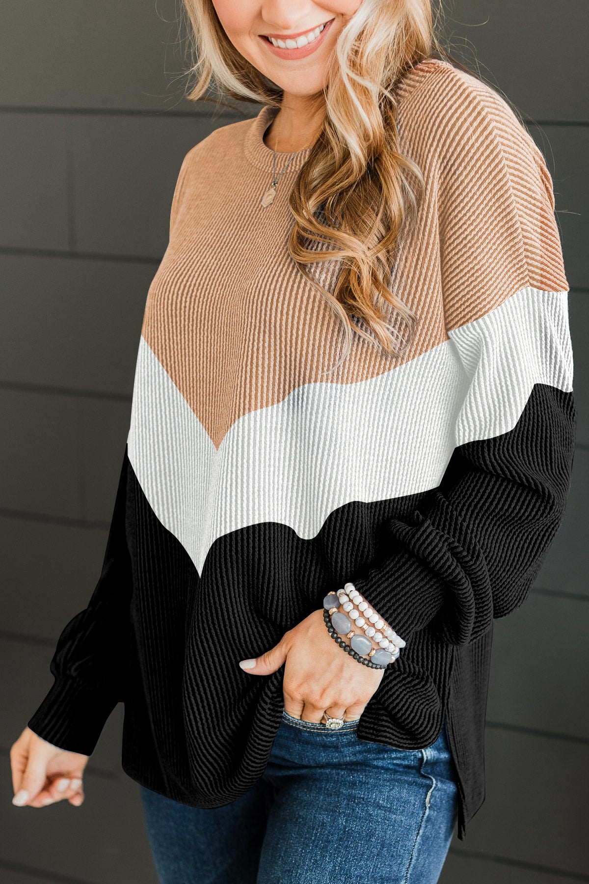 Black Color Block Corded Tunic Long Sleeve Top