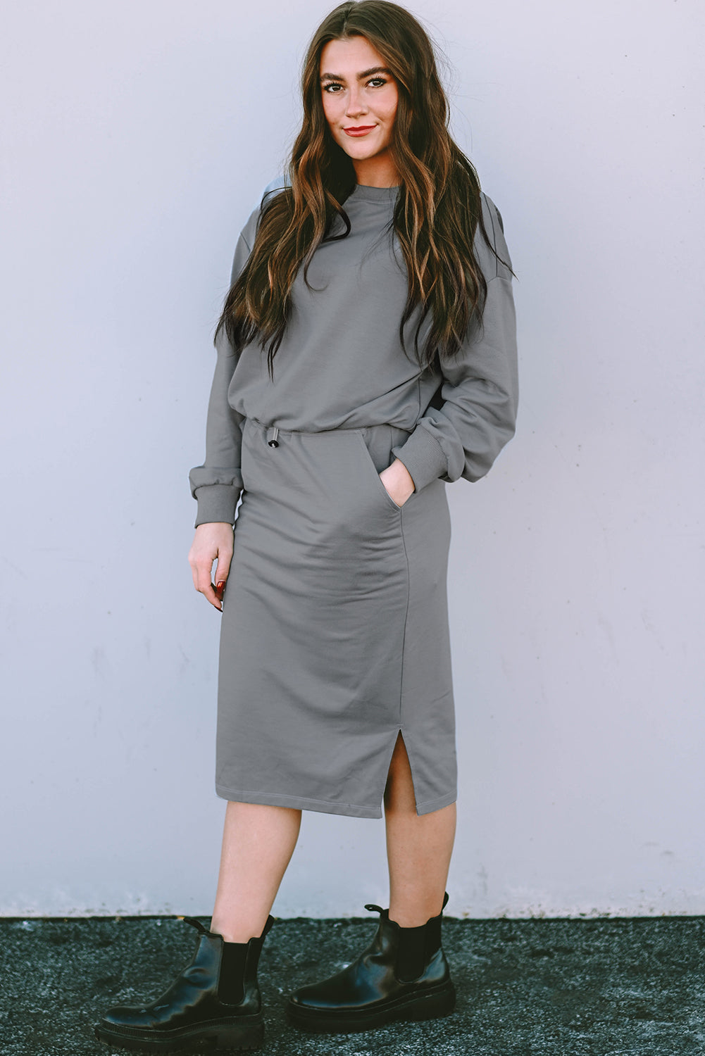 Dark Grey Drop Sleeve Pullover and Slit Midi Skirt Set