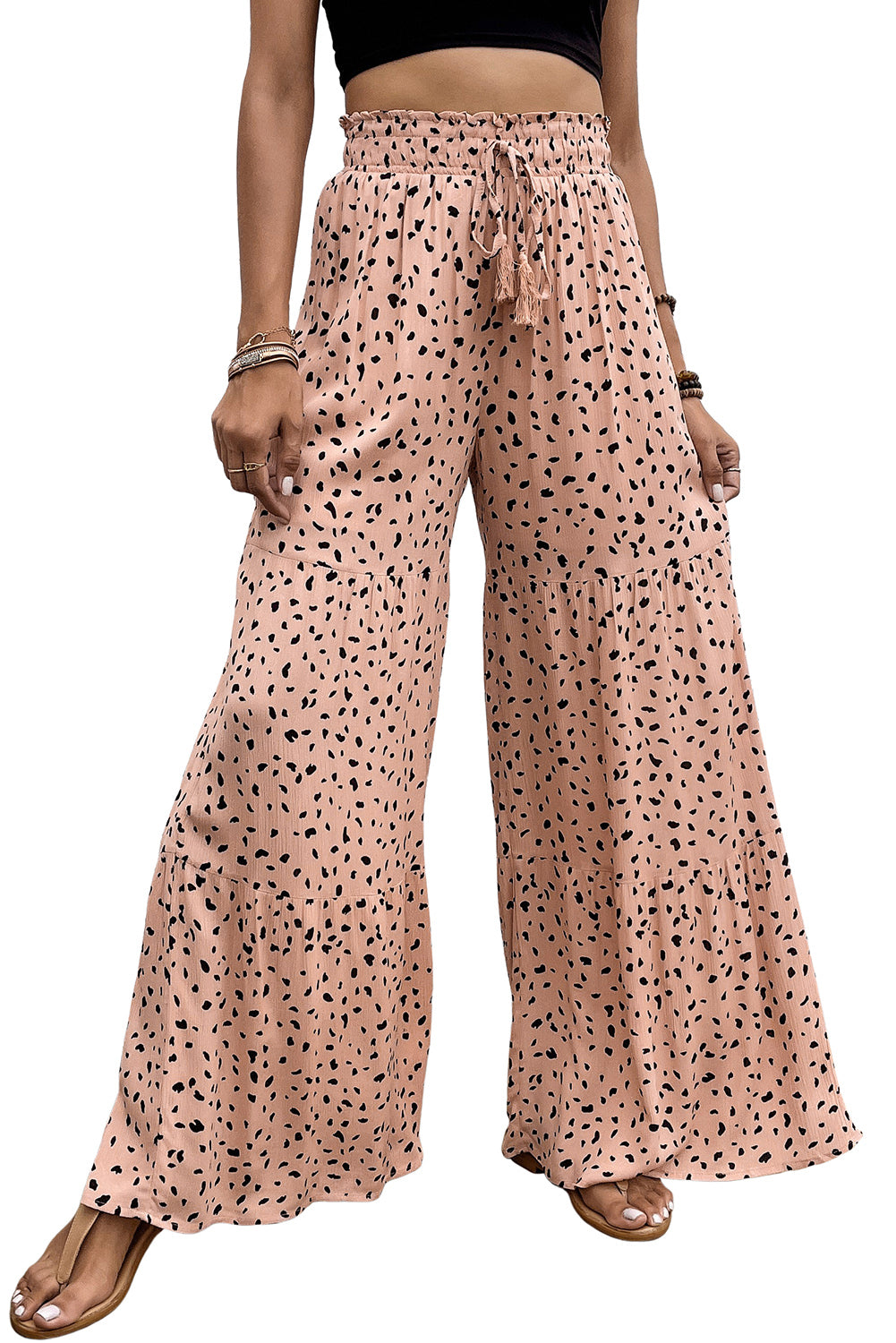 Brown Ruffle Wide Leg Animal Palazzo Pants