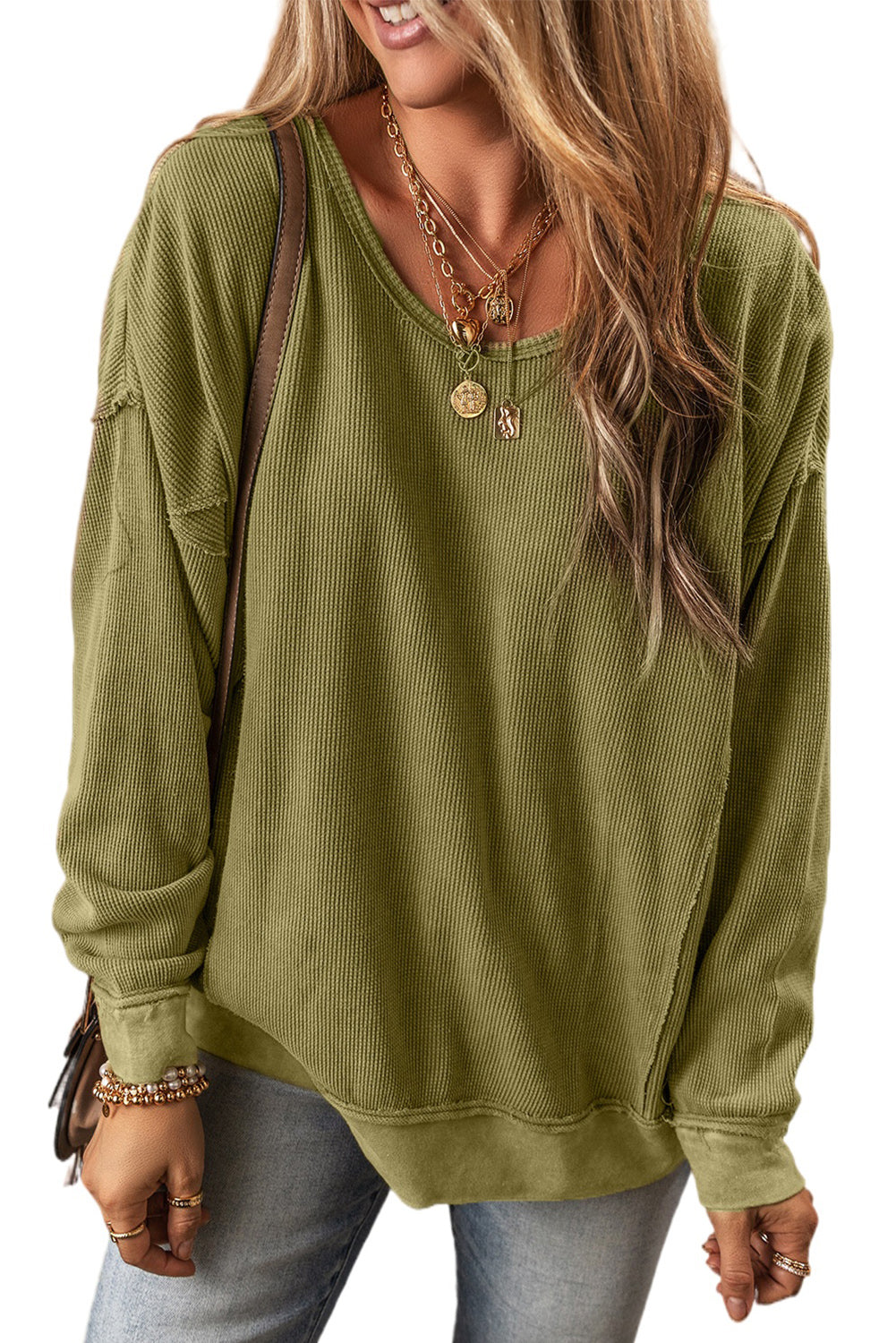 Green Waffle Textured Exposed Seamed Drop Sleeve Sweatshirt