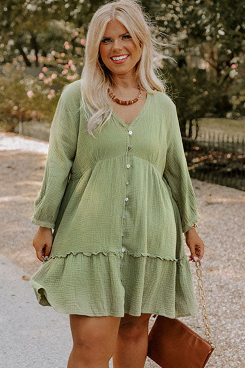 Green Textured Ruffled Buttoned V Neck Plus Size Short Dress