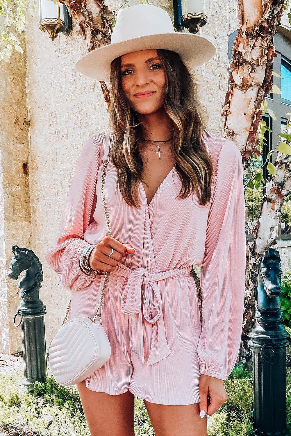 Pink Ripped Surplice V Neck Bubble Sleeve Romper