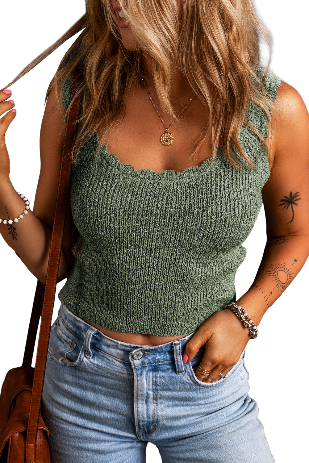 Mist Green U Neck Scallop Trim Knit Tank Top