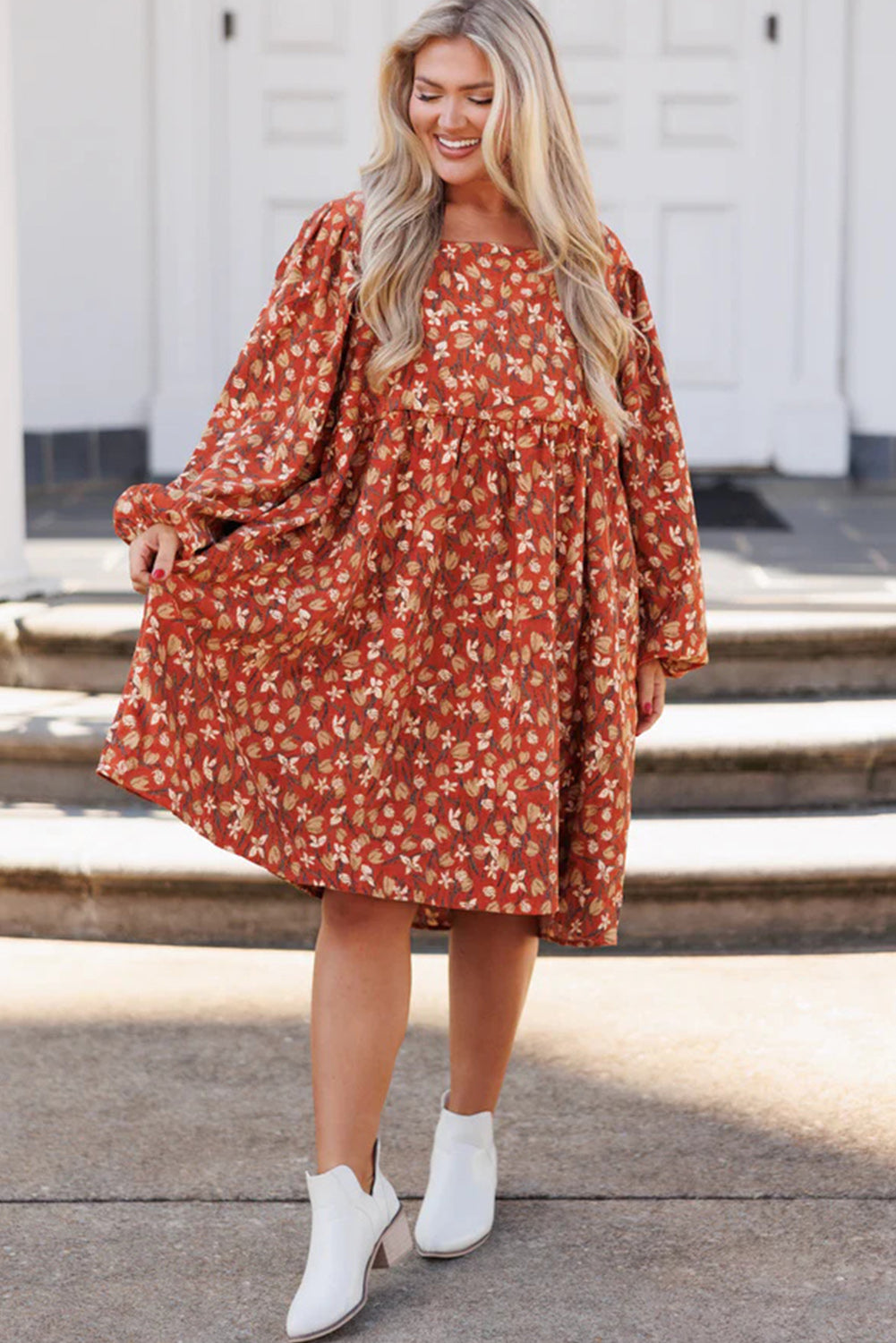 Gold Flame Floral Print Square Neck Bubble Sleeve Plus Size Midi Dress