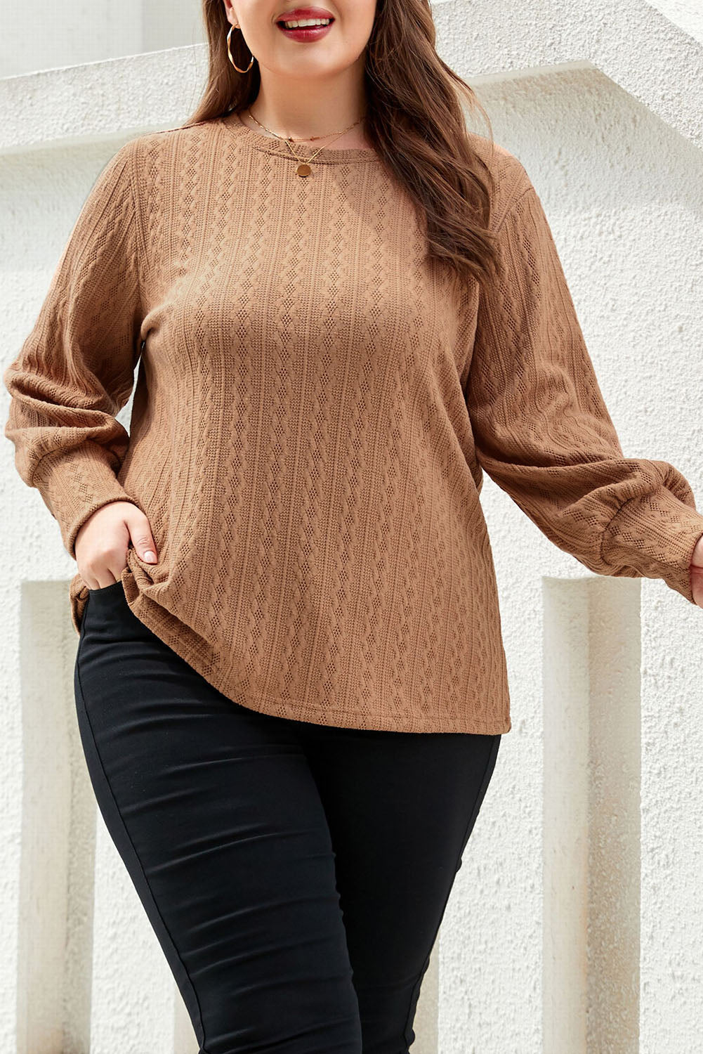 Khaki Casual Subtle Cable Knit Plus Size Sweater