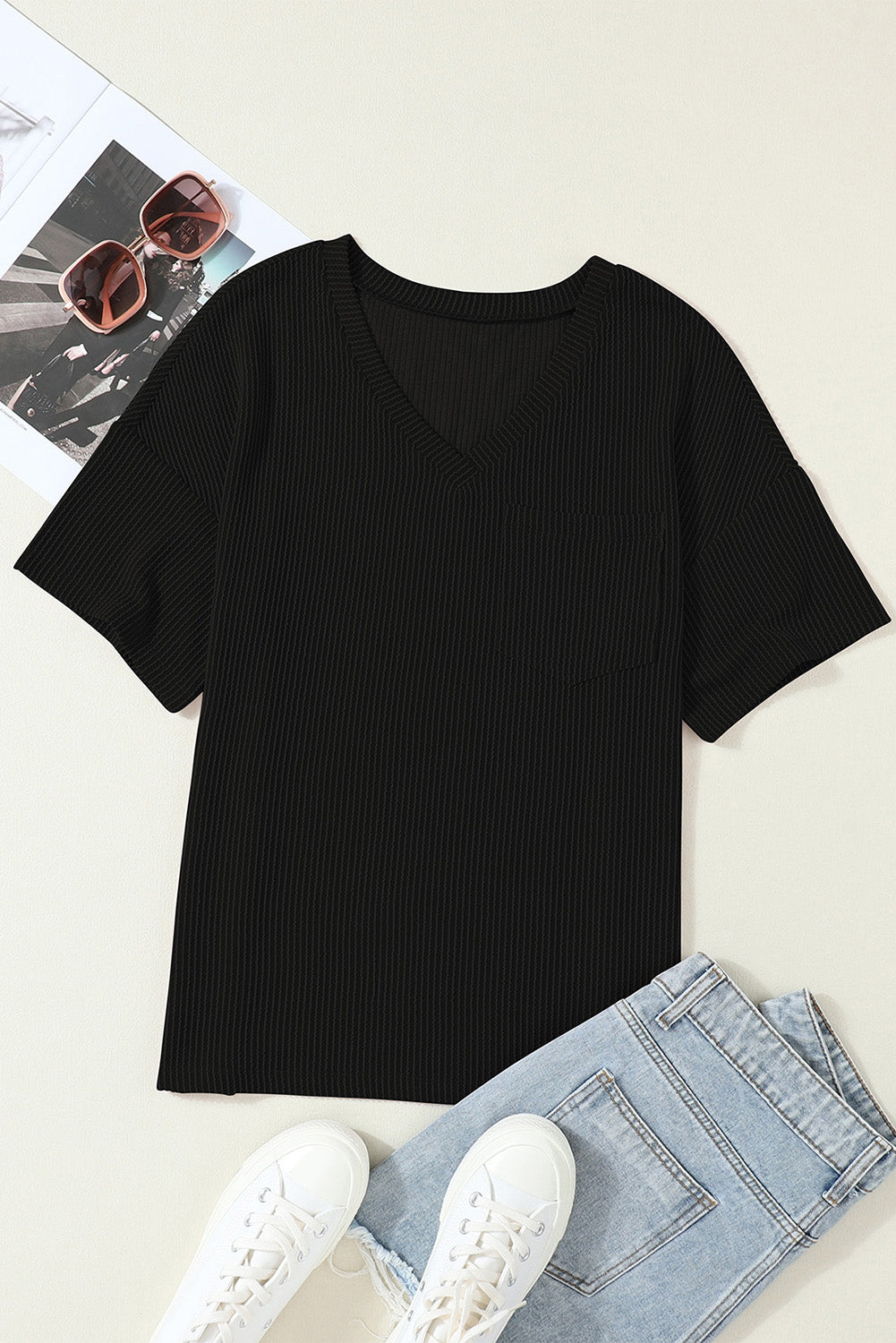 Black Ribbed V Neck Pocket Drop Sleeve T-Shirt