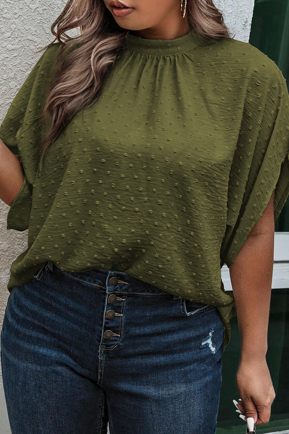 Moss Green Plus Size Swiss Dot Mock Neck Top