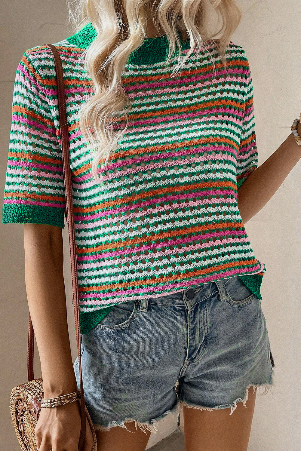 Dark Green Striped Pattern Hollow Out Contrast Trim Knit T Shirt